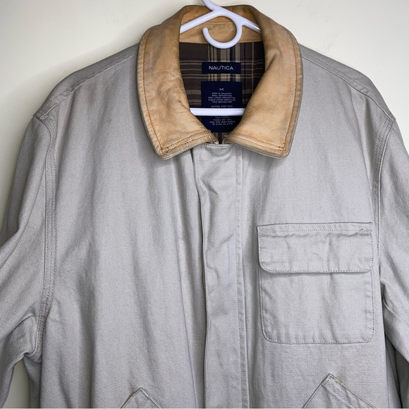 Vintage Nautica Medium Longer Canvas Utility Work Coat Jacket w/ Leather Collar - Picture 5 of 16